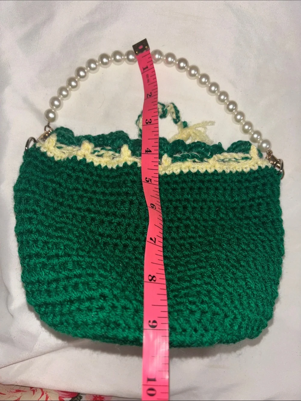 Handcrafted Green Crochet Drawstring hand Bag with Pearl Handle fairy floral